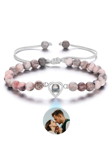 JSDDE Personalisiertes Armband mit Foto 100 Sprachen Ich liebe dich Armband Herz Projektion Armband Fotoarmband mit eigenem Foto Personalisierte Geschenk für Damen Herren Männer (Zebra Jaspis) von JSDDE