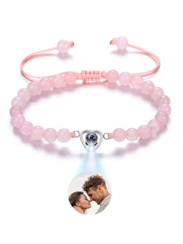 JSDDE Personalisiertes Armband mit Foto 100 Sprachen Ich liebe dich Armband Herz Projektionsarmband Fotoarmband mit eigenem Foto Personalisierte Geschenk für Damen Herren Männer (Rosenquarz) von JSDDE