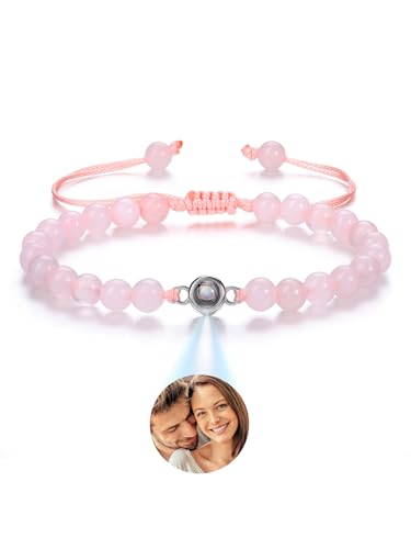 JSDDE Personalisiertes Armband mit Foto 100 Sprachen Ich liebe dich Armband Projektionsarmband Fotoarmband mit eigenem Foto Personalisierte Geschenk für Damen Herren Männer (Rosenquarz) von JSDDE