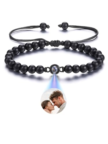 JSDDE Personalisiertes Armband mit Foto 100 Sprachen Ich liebe dich Armband Projektionsarmband Fotoarmband mit eigenem Foto Personalisierte Geschenk für Damen Herren Männer (Schwarz Achat) von JSDDE