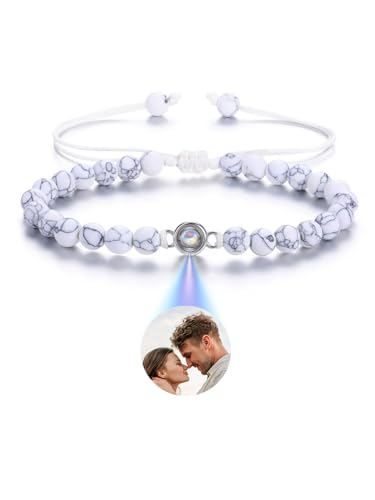 JSDDE Personalisiertes Armband mit Foto 100 Sprachen Ich liebe dich Armband Projektionsarmband Fotoarmband mit eigenem Foto Personalisierte Geschenk für Damen Herren Männer (Weißer Howlite) von JSDDE