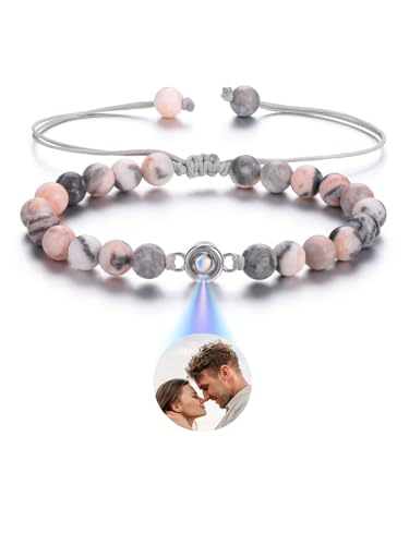 JSDDE Personalisiertes Armband mit Foto 100 Sprachen Ich liebe dich Armband Projektionsarmband Fotoarmband mit eigenem Foto Personalisierte Geschenk für Damen Herren Männer (Zebra Jaspis) von JSDDE
