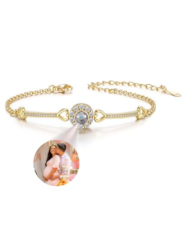 JSDDE Personalisiertes Armband mit Foto 100 Sprachen Ich liebe dich Projektionsarmband Einstellbar Fotoarmband Armreif mit eigenem Foto Personalisierte Geschenk für Damen (Gold) von JSDDE