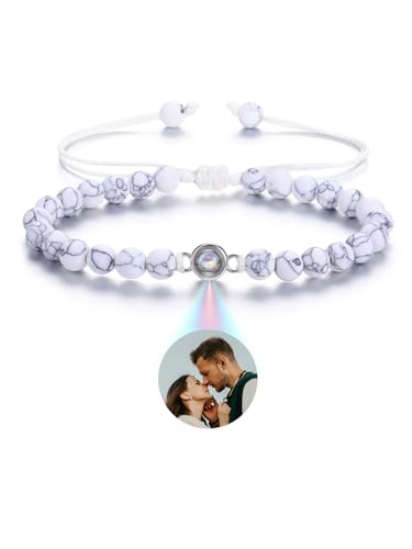 JSDDE Personalisiertes Armband mit Foto im Stein Projektionsarmband Fotoarmband Heilsteine Edelsteine Perlenarmband Personalisierte Geschenk für Damen Herren (Weißer Howlite) von JSDDE