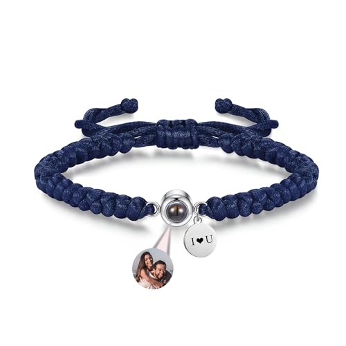 JSDDE Projektion Armband Foto Personalisiertes Fotoarmband mit Rund Herz Anhänger Partnerarmbänder mit Bild im Stein Personalisierte Geschenk für Herren Damen (Dunkelblau mit Runder Anhänger) von JSDDE