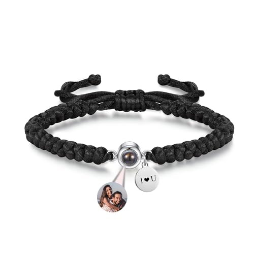 JSDDE Projektion Armband Foto Personalisiertes Fotoarmband mit Rund Herz Anhänger Partnerarmbänder mit Bild im Stein Personalisierte Geschenk für Herren Damen (Schwarz mit Runder Anhänger) von JSDDE