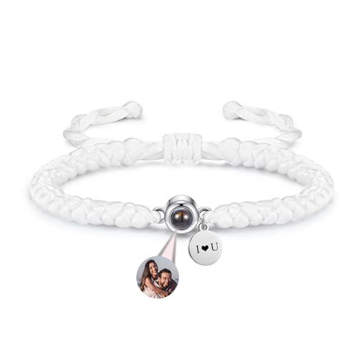 JSDDE Projektion Armband Foto Personalisiertes Fotoarmband mit Rund Herz Anhänger Partnerarmbänder mit Bild im Stein Personalisierte Geschenk für Herren Damen (Weiß mit Runder Anhänger) von JSDDE