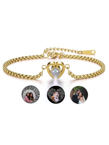 JSDDE Projektion Armband mit Foto Personalisiertes Armband mit Bild im Herz-Form Stein Projektionsarmband mit Foto Armkette Erinnerungsgeschenk für Freundin Schwester Damen Mädchen (Gold) von JSDDE