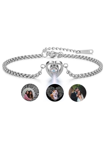 JSDDE Projektion Armband mit Foto Personalisiertes Armband mit Bild im Herz-Form Stein Projektionsarmband mit Foto Armkette Erinnerungsgeschenk für Freundin Schwester Damen Mädchen (Silber) von JSDDE