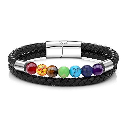 JSDDE Schmuck Chakra Armband Partnerarmbänder Paar Armbänder aus Heilstein Edelstein geflochten Lederband Perlenarmband für Männer Frauen (Chakra Doppelschicht Armband) von JSDDE