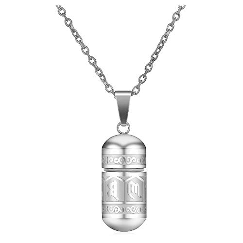 JSDDE Schmuck Edelstahl Buddhistisches Mantra Anhänger mit 24 Zoll Kette Om Mani Padme Hum Gebetsmühle Flasche Kapsel Anhänger Urn Anhänger für Frauen Männer (Silber) von JSDDE