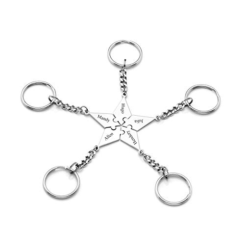 JSDDE Schmuck Personalized Gravur 5 Stück Set Pentagramm Puzzle Schlüsselanhänger Schwester Partner Freunde Schlüsselringe Schlüsselbund Geschenk (Silber) von JSDDE