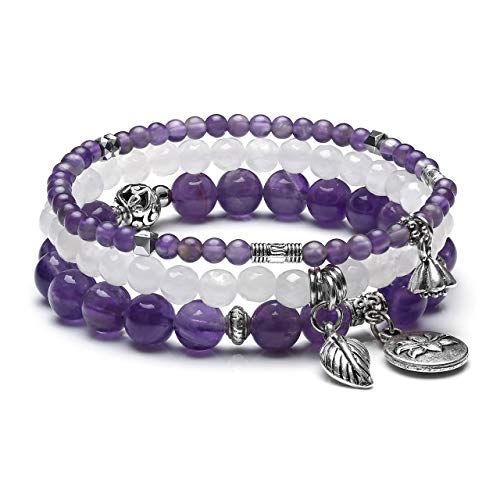 JSDDE Schmuck Wickelarmband Mehrschichtiges Armbänder Set Freundschaftsarmband Partnerarmbänder aus Edelsteine Heilsteine mit Lotus Blätter Anhänger für Damen Frauen (Amethyst) von JSDDE