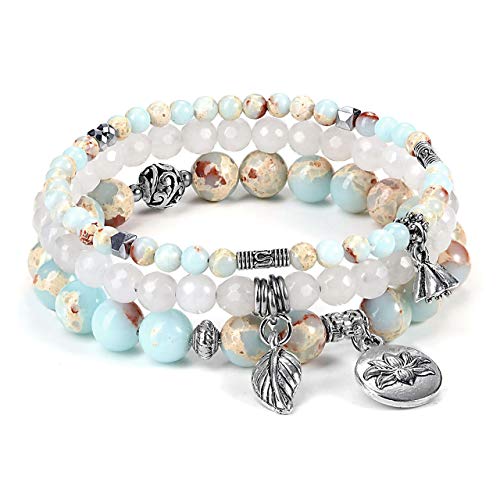 JSDDE Schmuck Wickelarmband Mehrschichtiges Armbänder Set Freundschaftsarmband Partnerarmbänder aus Edelsteine Heilsteine mit Lotus Blätter Anhänger für Damen Frauen (Kaiser Jaspis) von JSDDE