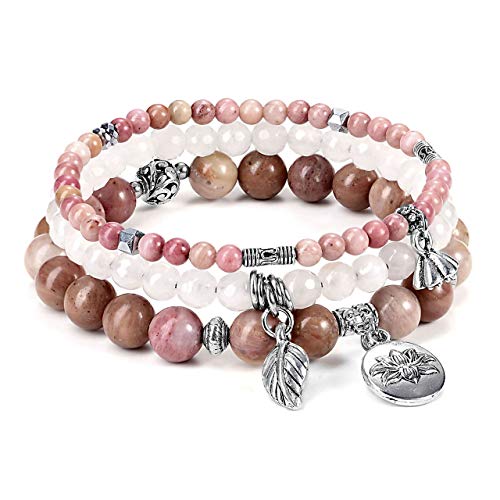 JSDDE Schmuck Wickelarmband Mehrschichtiges Armbänder Set Freundschaftsarmband Partnerarmbänder aus Edelsteine Heilsteine mit Lotus Blätter Anhänger für Damen Frauen (Rhodonit) von JSDDE