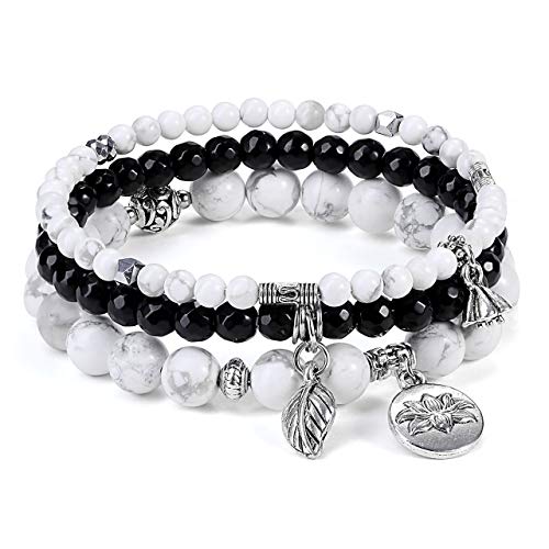 JSDDE Schmuck Wickelarmband Mehrschichtiges Armbänder Set Freundschaftsarmband Partnerarmbänder aus Edelsteine Heilsteine mit Lotus Blätter Anhänger für Damen Frauen (Weißer Howlite) von JSDDE