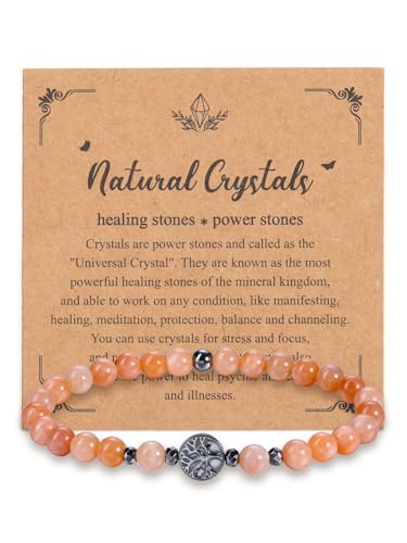 JSDDE Sonnenstein Armband mit Hämatit Lebensbaum Anhänger Heilstein Perlenarmband Glücksarmband Energietherapie Armband Spiritueller Talisman Glückbringer Schmuck für Damen Frauen von JSDDE