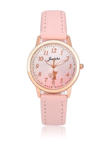 JSDDE Süße Katze arabische Ziffern Analoge Quarzuhr für Mädchen Schüler Strass Zifferblatt Armbanduhr mit PU-Lederband, rose von JSDDE