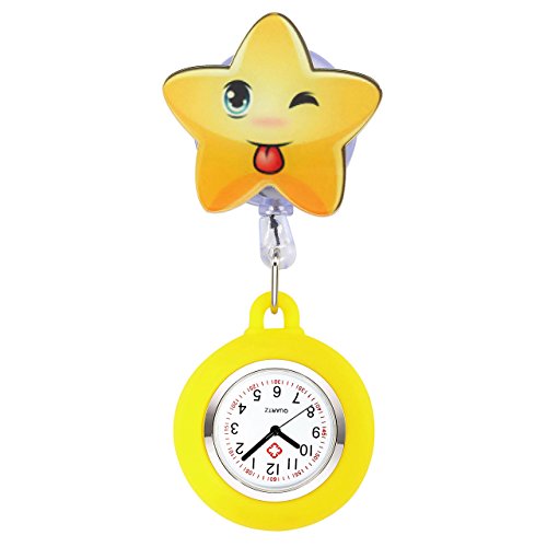 JSDDE Uhren Krankenschwester FOB Uhr Pulsuhr Nurse Watch Kitteluhr Silikon Cartoon Stern Taschenuhr Schwesternuhr Gelb von JSDDE