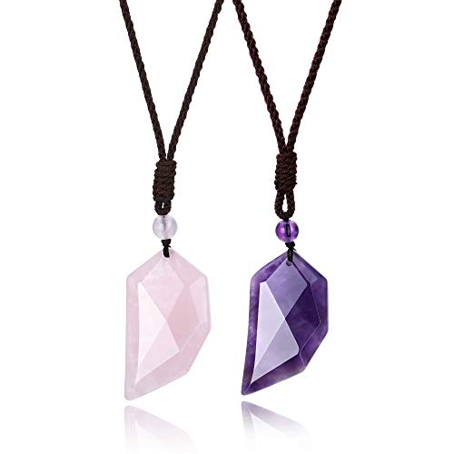 JSDDE Ying Yang Spitzer Anhänger Kette für 2 Pärchen Kette Wolfszahn Amulett Anhänger aus natürliche Edelstein Freundschaftskette Heilung Glücksbringer Schmuck für Männer Frauen (Amethyst+Rosenquarz) von JSDDE