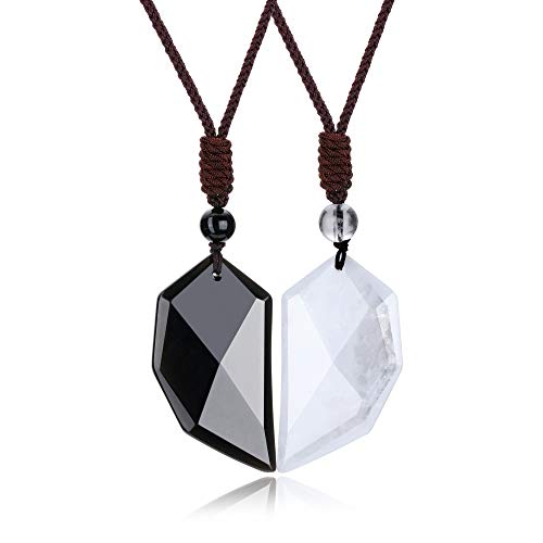 JSDDE Ying Yang Spitzer Anhänger Kette für 2 Pärchen Kette Wolfszahn Amulett Anhänger aus Natur Edelstein Freundschaftskette Heilung Glücksbringer Schmuck für Männer Frauen (Obsidian+Bergkristall) von JSDDE