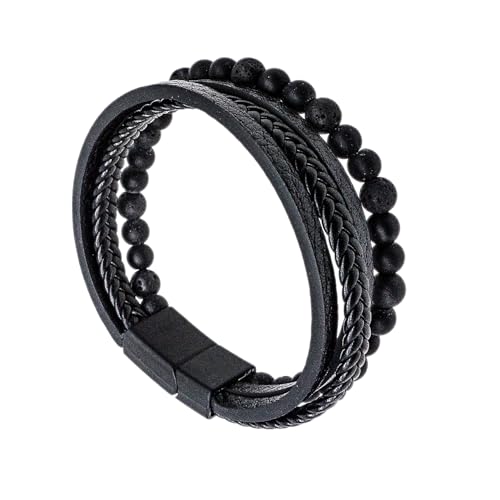 JSEA Herren-Armband aus geflochtenem PU-Leder, mit kleinen Perlen, 20,5 cm, Schwarz / Braun / Blau, Large, Stein, Kein Edelstein von JSEA