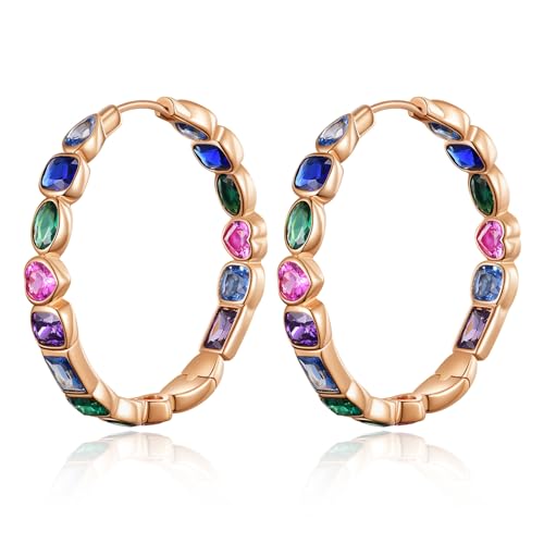JSGEMSLEE Rosévergoldete Große Bunte Zirkonia Creolen Sterlingsilber Ohrringe Regenbogen für Damen von JSGEMSLEE