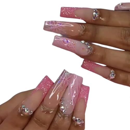 24 Stück French Tip Long Press On mit Strasssteinen, Designs inklusive Nagelkleber für Frauen Mädchen Kunst von JSGHGDF