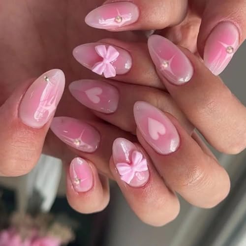 French Styles Kunstnägel zum Aufdrücken, glänzende Acrylnägel mit 3D-Schleifen-Designs, zum Aufkleben auf Nägel für Frauen und Mädchen, 24 Stück von JSGHGDF