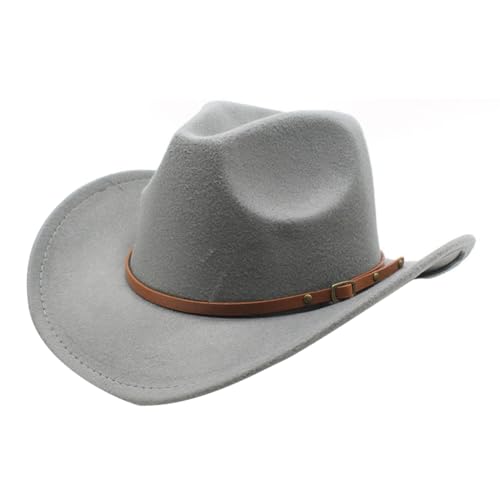 JSGHGDF Einfarbiger Cowboyhut mit breiter Krempe, Motto-Party-Hut mit Gürtel, Unisex-Kostüm-Hüte, Hippie-Kappe, Halloween-Kostüm-Zubehör, grau, 7 1/4-7 7/8 von JSGHGDF