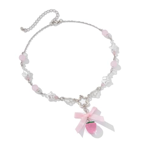 JSGHGDF Modische Süße Stile Erdbeer Anhänger Halskette Mit Bowknot Charmzubehör Für Frauen Partyversorgung Ornament Verstellbare Länge Halskette von JSGHGDF