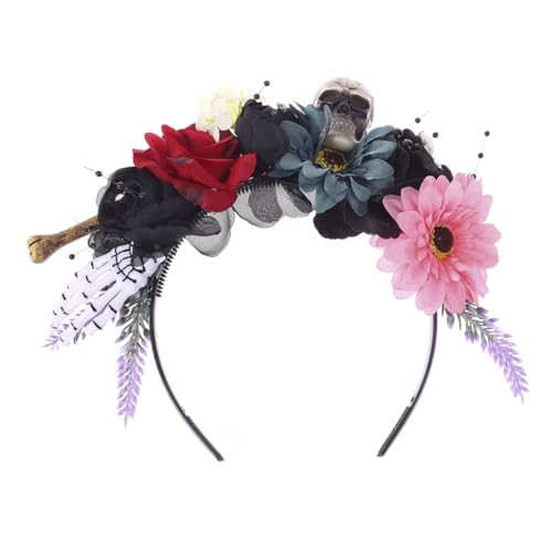 JSGHGDF Modischer Haarreif mit künstlicher Blume und Totenkopf, für Damen, Halloween-Haarreif von JSGHGDF