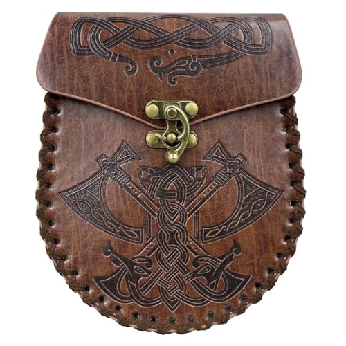 JSGHGDF Tragbare Packtasche, mittelalterlicher Ledergürtel, Vintage, geprägt, Geldbörse, Würfeltasche, Cosplay-Zubehör, Braune Axt von JSGHGDF