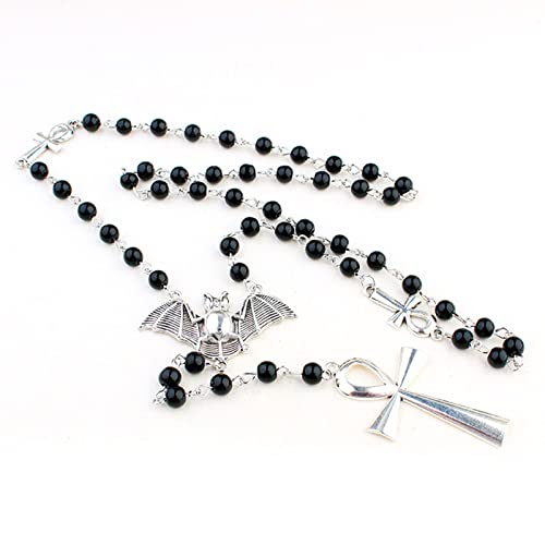 JSGHGDF Vampir Ankh Cross Schwarze Perlen Fledermaus Halskette Gothic Long Perlen Halshök von JSGHGDF
