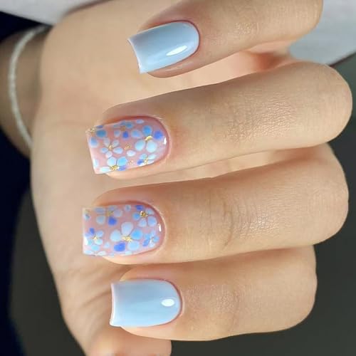 Künstliche Nägel zum Aufdrücken, quadratisch, mit Blumendesign, Glitzer, für Damen, 24 Stück von JSGHGDF