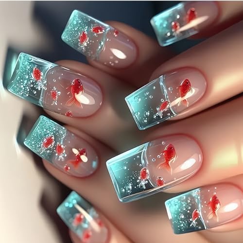 Press on Nails Quadratische Kunstnägel mit Fisch-Designs, schöne glänzende Kunstnägel für Damen und Mädchen von JSGHGDF
