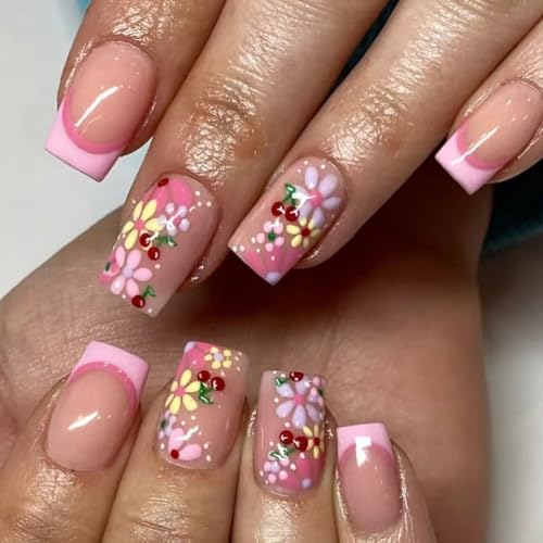 Quadratische Nägel zum Aufdrücken, glänzendes Design, französische Kunstnägel, Acryl, künstliche Nägel für Damen, Design von JSGHGDF