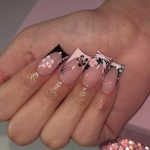 Square Press on Nails French Tips Fake Nails Full Covers False Nails with Flower Designs Artificial Acrylic Nails Women von JSGHGDF