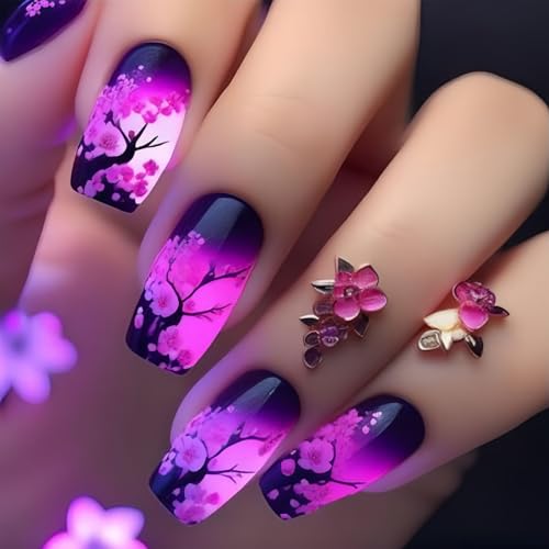 Square Press on Nails French Tips Fake Nails Full Covers False Nails with Flower Designs Artificial Acrylic Nails Women von JSGHGDF
