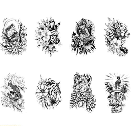 JSHEN 8 Blätter Temporäre Tattoos Mädchen Oder Frauen Erwachsene Arm Tattoo Blume Fuchs Tiger Löwe 12x19cm Tätowierung Gefälschte Tätowierungen Für Männer Damen Partydekoration Aufkleber Kits von JSHEN