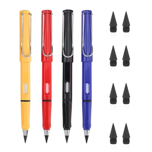 JSKWIKE 4er Pack Metall Tintenlose Bleistifte mit Radiergummi, Langlebiger Magischer Bleistift mit 8 Wechselköpfen, Tintenlose Bleistifte Ewig für Studenten Schreiben von JSKWIKE