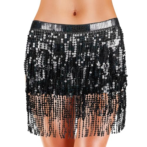 Damen Rock Quasten Pailettenrock Mädchen Quastenrock Bauchtanz Hüftschal Tanz Mini Wickelröcke für Frauen und Mädchen - Schwarz von JSMTKJ