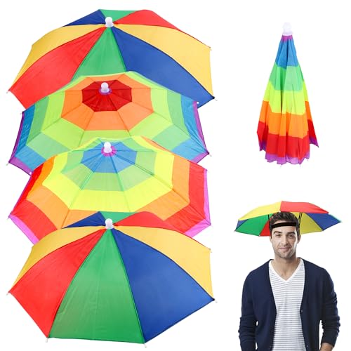 JSMTKJ 4 Stück Regenbogen Regenschirm Hüte, Faltbarer Regenschirmhut Sonnenschutz für Dekoration Kostüm Golf Radfahren Angeln Strand Gartenarbeit von JSMTKJ