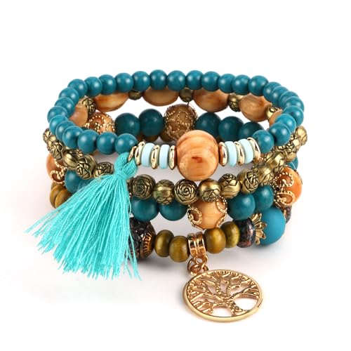 JSMTKJ 4er-Set Chakra Armband für Damen Boho-Schmuck mit Holzperlen-Armreif & Quasten | Liebes-Charm mit Lebensbaum-Design Spiritualer Statement-Accessoire für Festival & Alltag von JSMTKJ