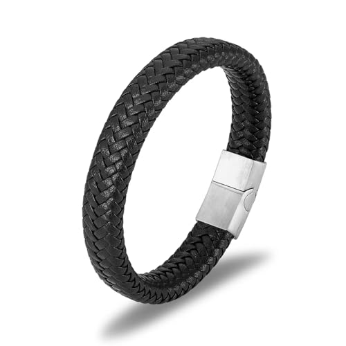 JSNOM Armband Herren Lederarmband Geschenke: Geflochten Leder Weihnachten Vatertag Valentinstag Geburtstagsgeschenk Liebesgeschenke Schmuck Geschenk Armbänder für Männer (B-Schwarz-8.3inch) von JSNOM