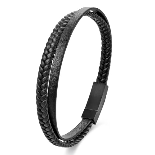 JSNOM Armband Herren Lederarmband Geschenke: Geflochten Leder Weihnachten Vatertag Valentinstag Geburtstagsgeschenk Liebesgeschenke Schmuck Geschenk für Freund Ehemann Männer (Schwarz, S-19cm) von JSNOM