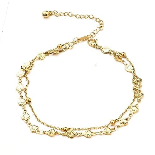 JSNOM Fußkettchen für Damen Herz Layered: Fußkettchen Verstellbar Doppelte Stabil, Geschenk Fußkette Fussketten für Mädchen Tochter Freundin Frauen (Gold) von JSNOM