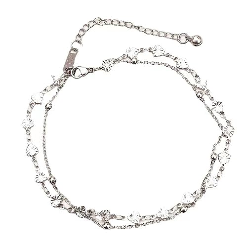 JSNOM Fußkettchen für Damen Herz Layered: Fußkettchen Verstellbar Doppelte Stabil, Geschenk Fußkette Fussketten für Mädchen Tochter Freundin Frauen (Silber) von JSNOM