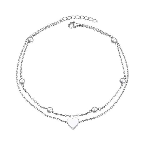 JSNOM Fußkettchen für Damen Herz Layered: Fußkettchen Verstellbar Doppelte Stabil Gold, Geschenk Fußkette Fussketten für Mädchen Tochter Freundin Frauen (Silber) von JSNOM