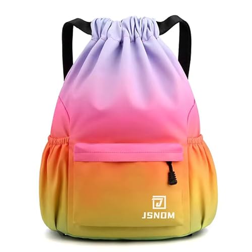 JSNOM Turnbeutel Kordelzug Wasserdicht Sportbeutel: Beutel Rucksack Groß mit Reißverschluß Innentasche Gymsack Gym Bag für Damen Herren (Regenbogen) von JSNOM